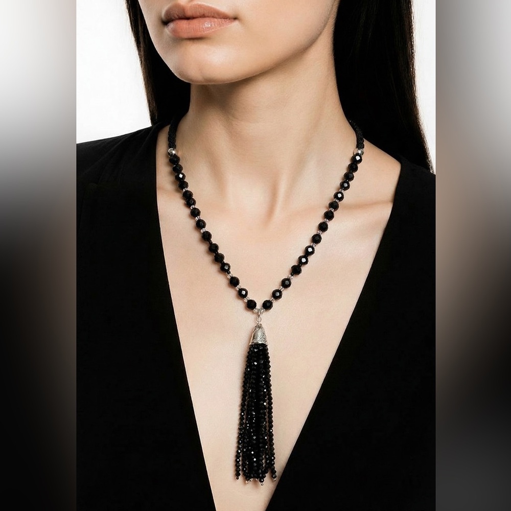 Luxurious Signed Black Beaded Tassel Necklace Erica Lyons